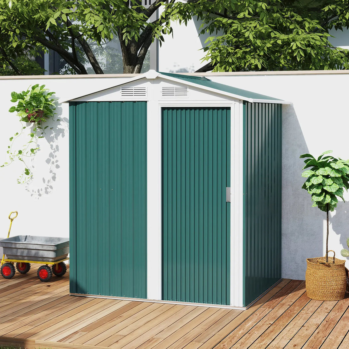 Outsunny Garden Metal Tool Storage Shed with Sliding Door, Sloped Roof and Floor Foundation, 152 x 132 x 188cm, Green