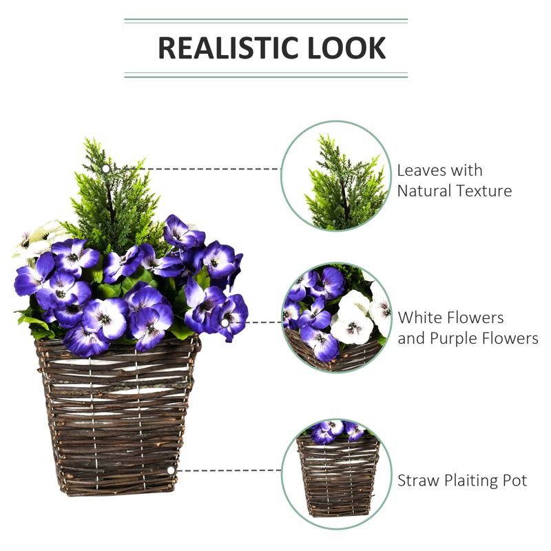 Outsunny 2 Pieces Artificial Phalaenopsis Decorative Plant with Straw Plaiting Pot, Fake Flower, 45cm, White Purple