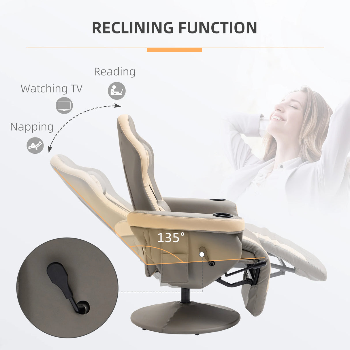 HOMCOM Manual Recliner Armchair PU Leather Lounge Chair w/ Adjustable Leg Rest, 135 Reclining Function, 360 Swivel, Grey