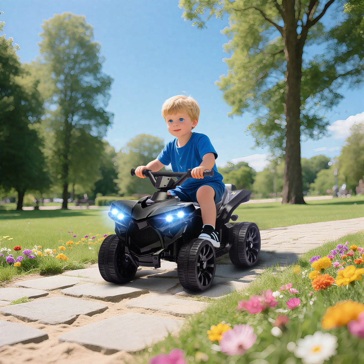 AIYAPLAY 6V Kids ATV, 4 Wheeler Electric Ride on Car with Music and LED Headlights, for Ages 3-8 Years Boys and Girls, Black