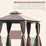 Outsunny 3 x 3(m) Hexagon Gazebo Patio Canopy Party Tent Outdoor Garden Shelter w/ 2 Tier Roof & Side Panel - Brown