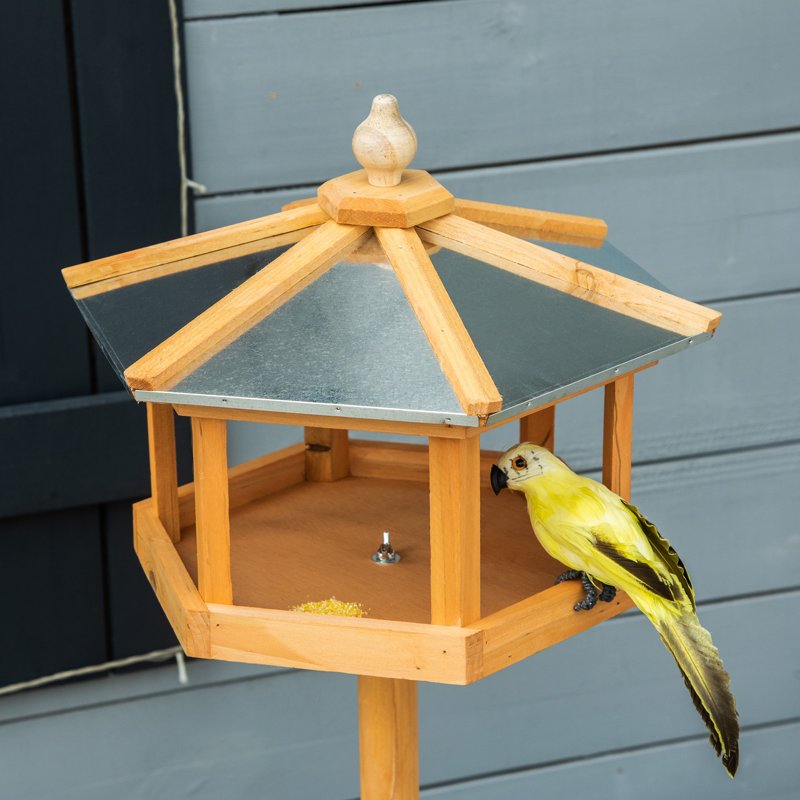 PawHut Wooden Bird Table Free Standing Feeder Garden Sheltered Feeding Station Parrot Stand Birdhouse Φ40x113cm