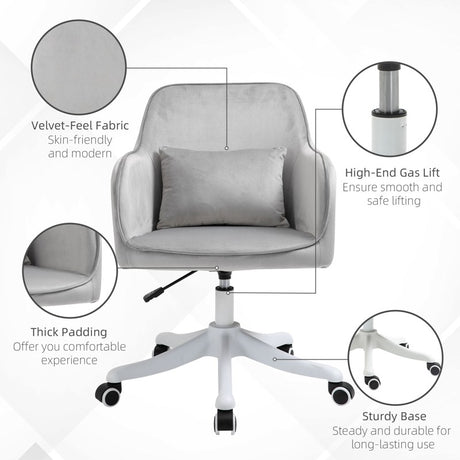 Vinsetto Velvet Office Chair, Desk Chair, Makeup Vanity Chair with Massage Lumbar Pillow and Rolling Wheels for Bedroom and Home, Grey