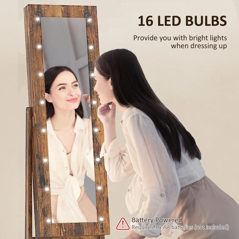 HOMCOM Free Standing Mirror Jewelry Cabinet with LED Lights, Jewellery Organiser with 3 Angle Adjustable, Full-Length Mirror with Storage for Earrings, Necklaces, Rings and Lipsticks, Rustic Brown