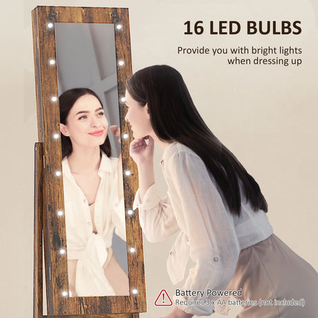 HOMCOM Free Standing Mirror Jewelry Cabinet with LED Lights, Jewellery Organiser with 3 Angle Adjustable, Full-Length Mirror with Storage for Earrings, Necklaces, Rings and Lipsticks, Rustic Brown