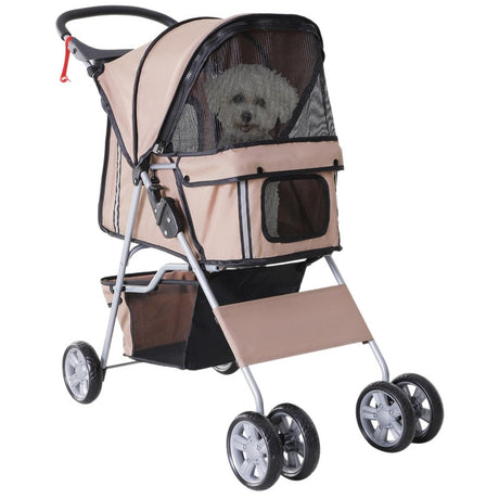 PawHut Pet Stroller for Small Miniature Dogs Cats Foldable Travel Carriage with Wheels Zipper Entry Cup Holder Storage Basket Brown