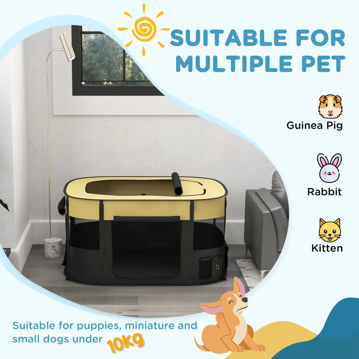 PawHut Foldable Dog Pen with Storage Bag for Indoor/Outdoor Use, Portable Pet playpen, with Ground Stakes - Yellow