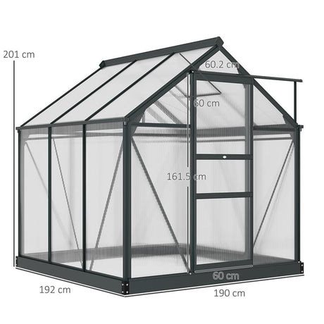 Outsunny 6 x 6ft Polycarbonate Greenhouse, Large Walk-In Green House with Slide Door and Window, Garden Plants Grow House with Aluminium Frame and Foundation, Grey