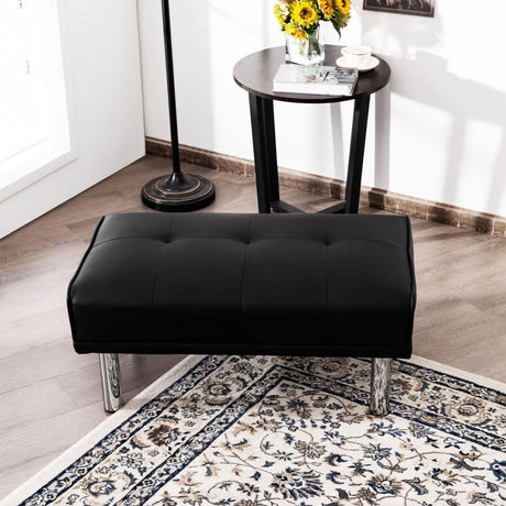Rectangle Tufted Ottoman with Stainless Steel Legs for Living Room-Black
