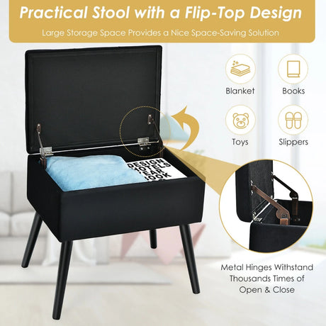 Modern Upholstered Flip Top Velvet Storage Ottoman Footrest-Black