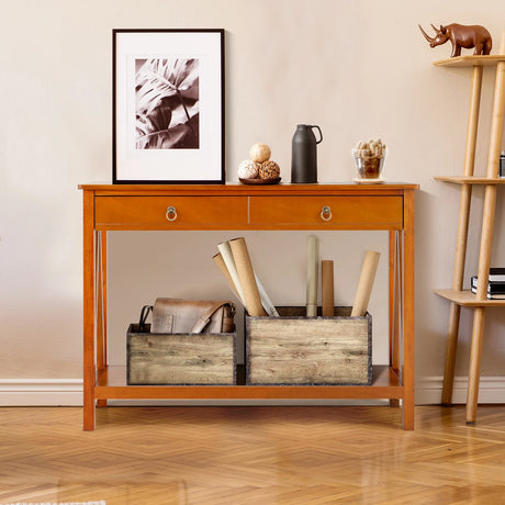 Console Table with 2 Drawer Storage Shelf for Entryway Hallway-Natural