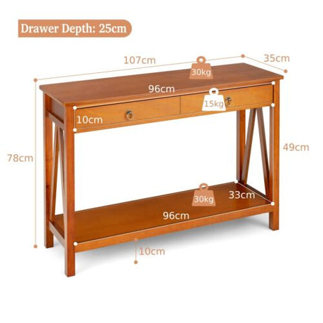 Console Table with 2 Drawer Storage Shelf for Entryway Hallway-Natural