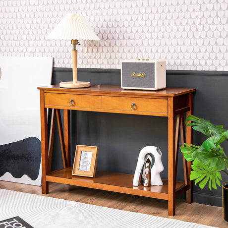 Console Table with 2 Drawer Storage Shelf for Entryway Hallway-Natural