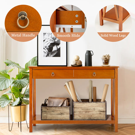 Console Table with 2 Drawer Storage Shelf for Entryway Hallway-Natural