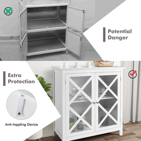Freestanding Kitchen Buffet Cabinet with Glass Doors and Adjustable Shelf-White