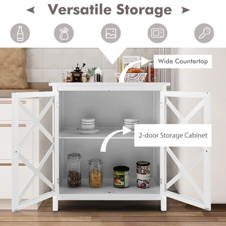 Freestanding Kitchen Buffet Cabinet with Glass Doors and Adjustable Shelf-White