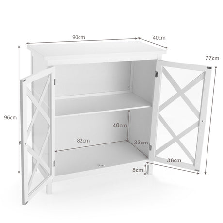Freestanding Kitchen Buffet Cabinet with Glass Doors and Adjustable Shelf-White