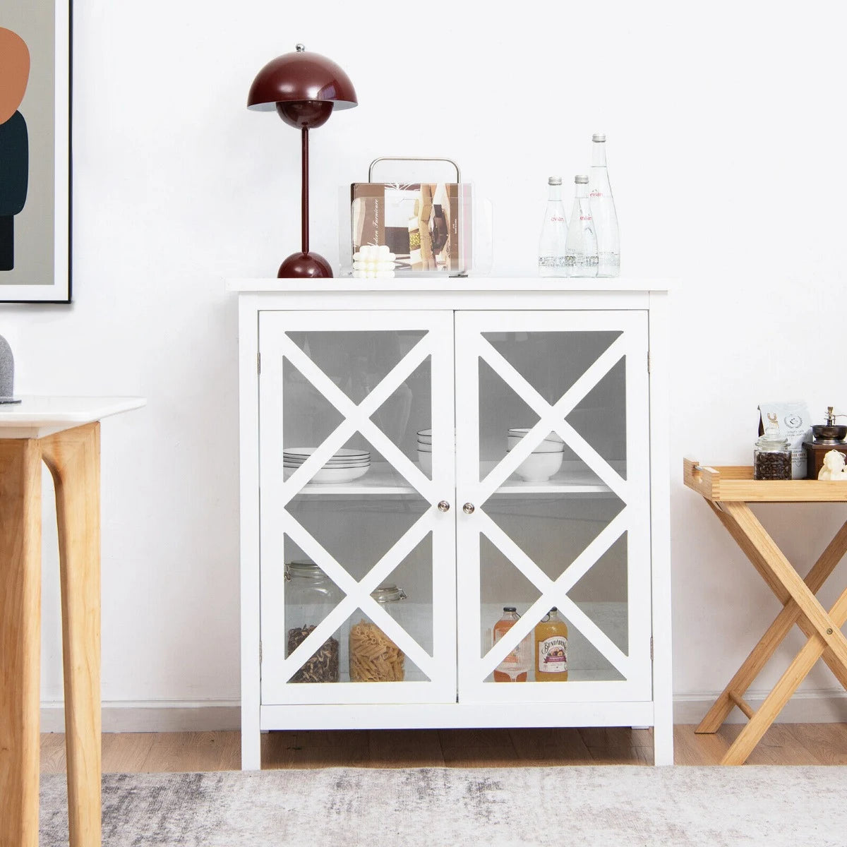 Freestanding Kitchen Buffet Cabinet with Glass Doors and Adjustable Shelf-White