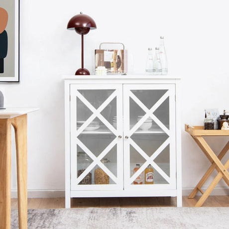 Freestanding Kitchen Buffet Cabinet with Glass Doors and Adjustable Shelf-White