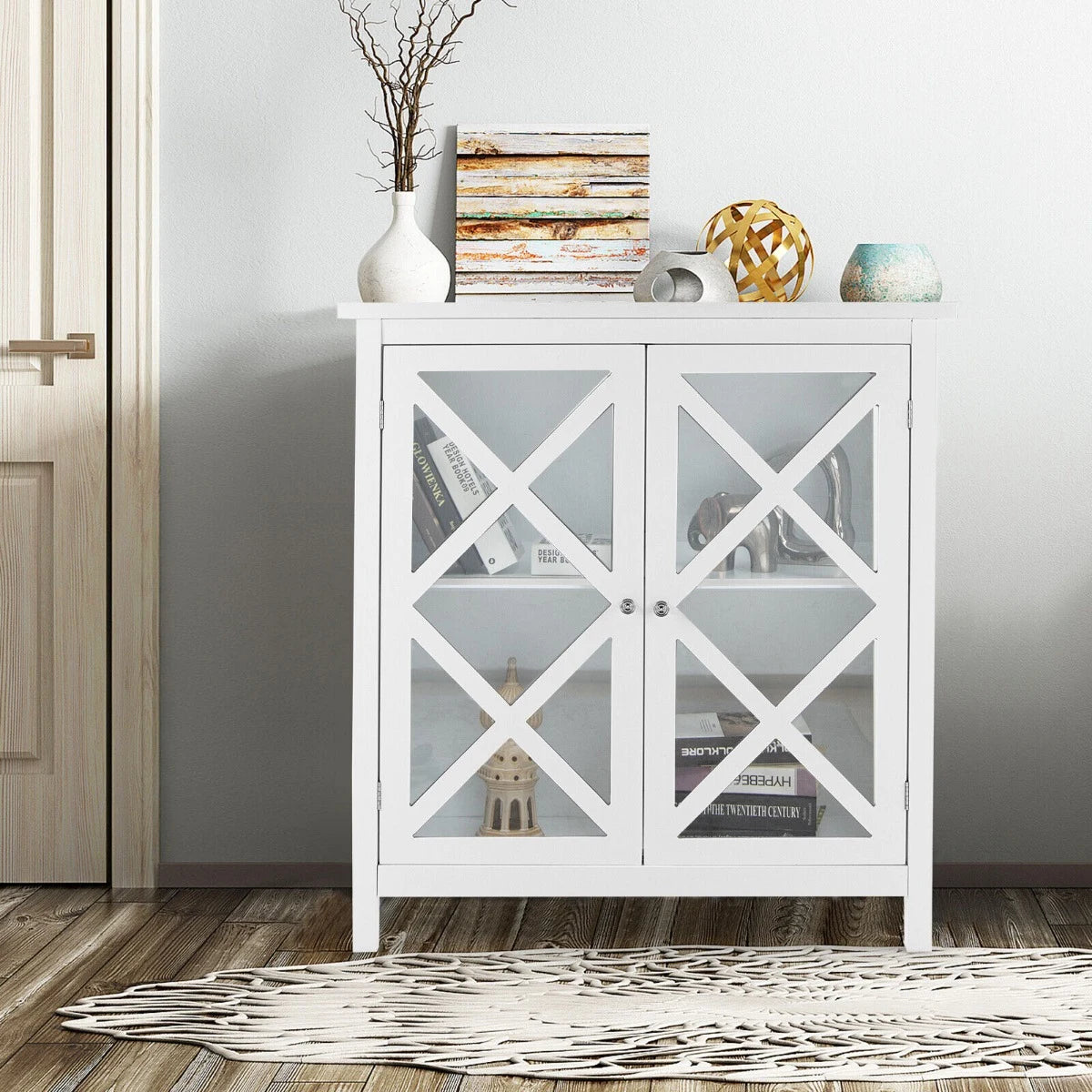 Freestanding Kitchen Buffet Cabinet with Glass Doors and Adjustable Shelf-White