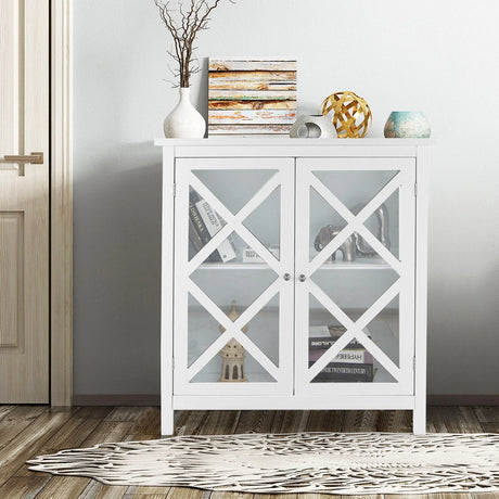 Freestanding Kitchen Buffet Cabinet with Glass Doors and Adjustable Shelf-White