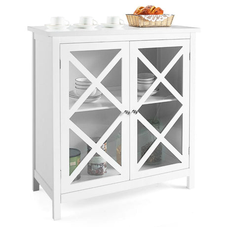 Freestanding Kitchen Buffet Cabinet with Glass Doors and Adjustable Shelf-White