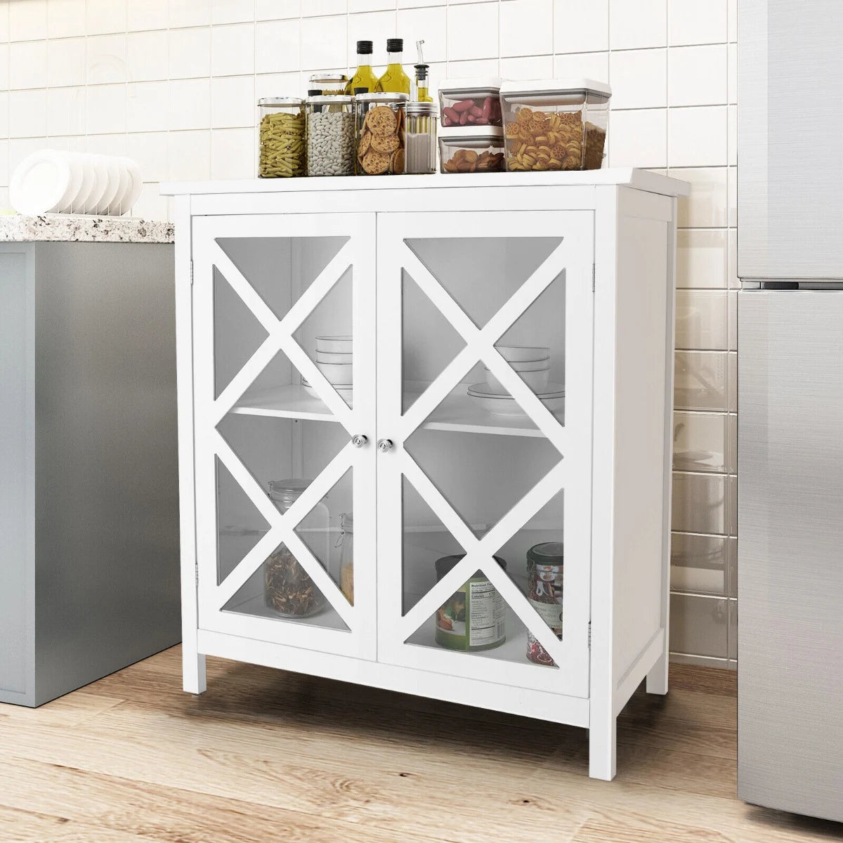 Freestanding Kitchen Buffet Cabinet with Glass Doors and Adjustable Shelf-White