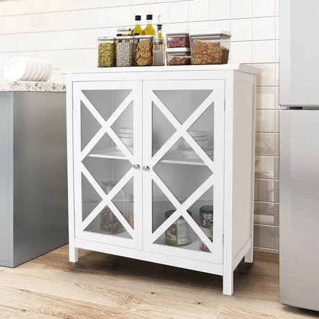Freestanding Kitchen Buffet Cabinet with Glass Doors and Adjustable Shelf-White