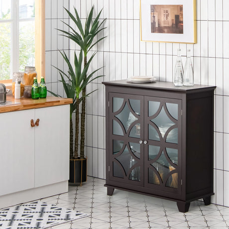 Buffet Sideboard Storage Cabinet with Glass Door for Kitchen Hallway -Coffee