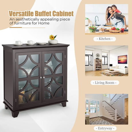 Buffet Sideboard Storage Cabinet with Glass Door for Kitchen Hallway -Coffee