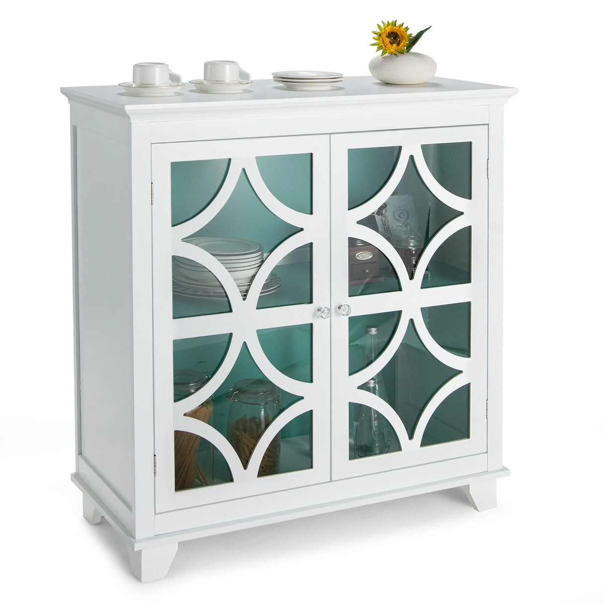 Buffet Sideboard Storage Cabinet with Glass Door for Kitchen Hallway -Green