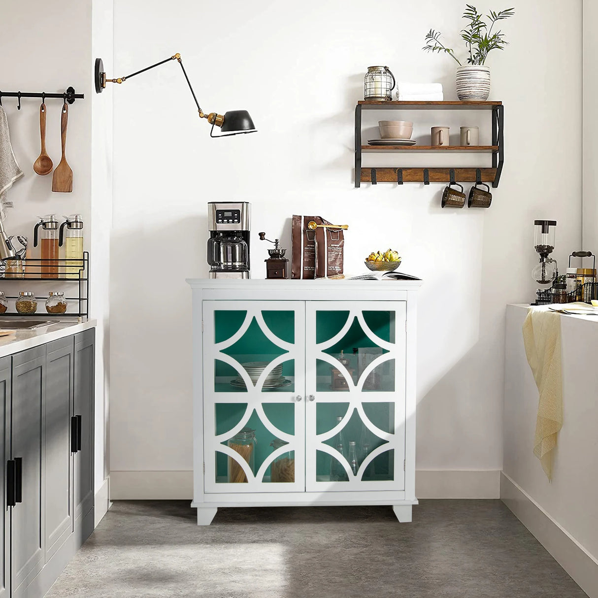 Buffet Sideboard Storage Cabinet with Glass Door for Kitchen Hallway -Green