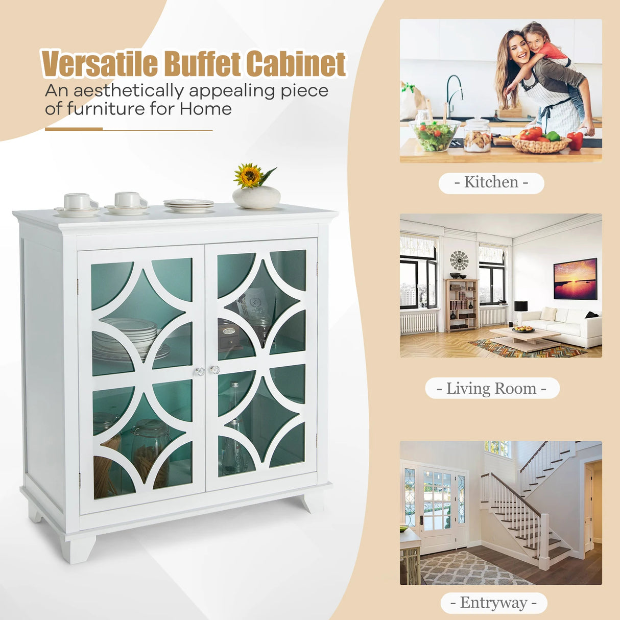 Buffet Sideboard Storage Cabinet with Glass Door for Kitchen Hallway -Green