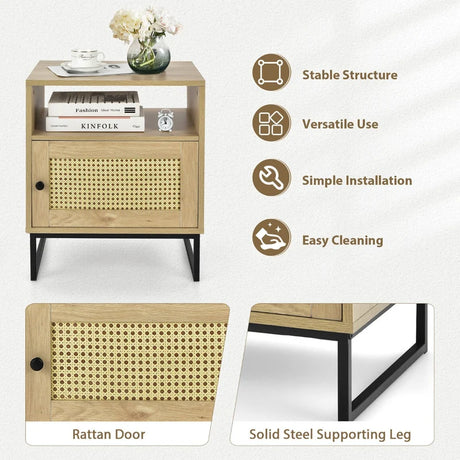 Wooden Side End Table with Cabinet and Rattan Decorated Door-Natural