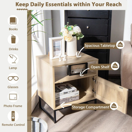 Wooden Side End Table with Cabinet and Rattan Decorated Door-Natural