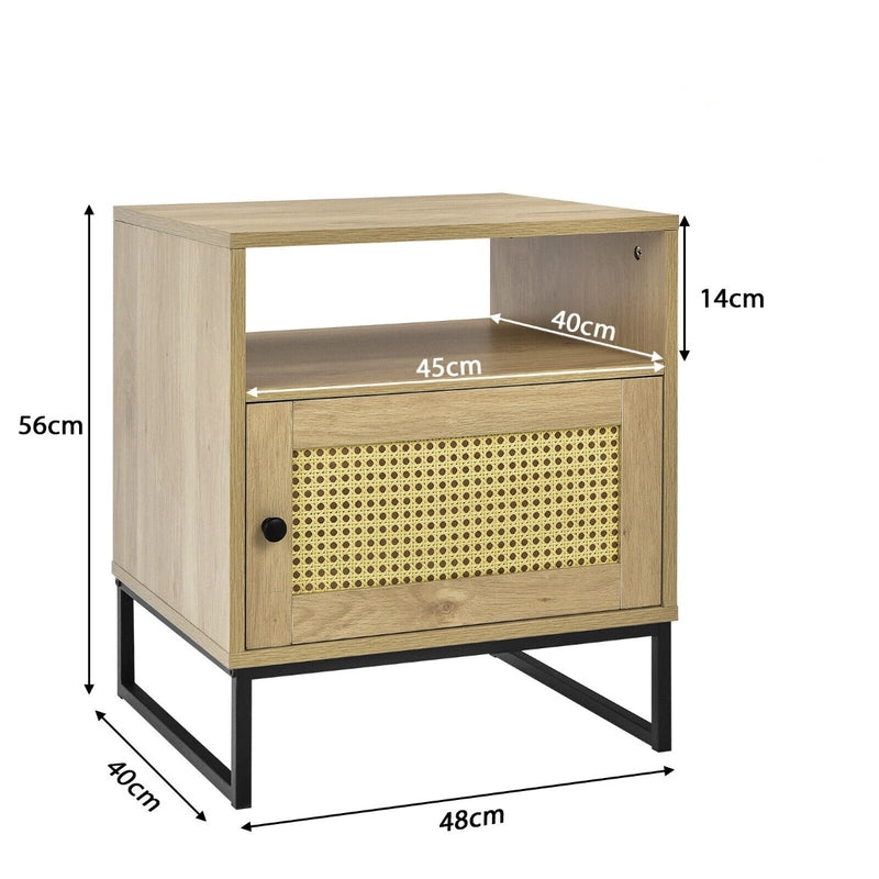 Wooden Side End Table with Cabinet and Rattan Decorated Door-Natural