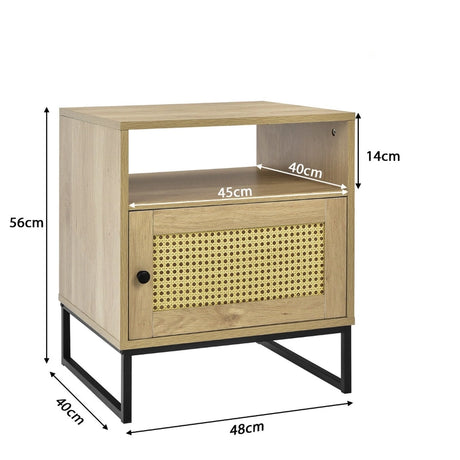 Wooden Side End Table with Cabinet and Rattan Decorated Door-Natural