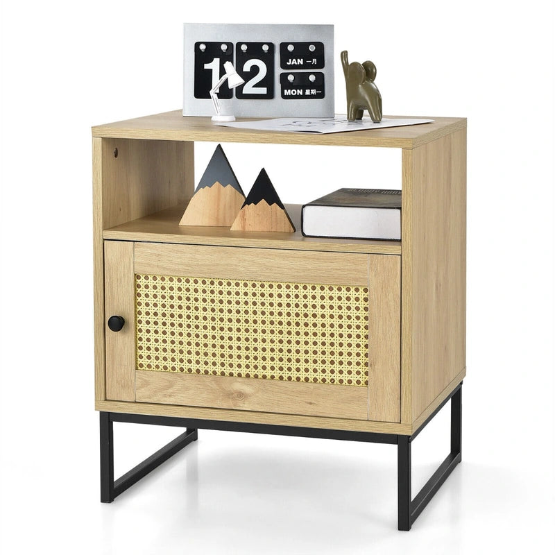 Wooden Side End Table with Cabinet and Rattan Decorated Door-Natural