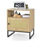 Wooden Side End Table with Cabinet and Rattan Decorated Door-Natural