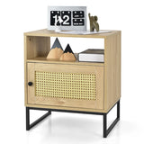 Wooden Side End Table with Cabinet and Rattan Decorated Door-Natural