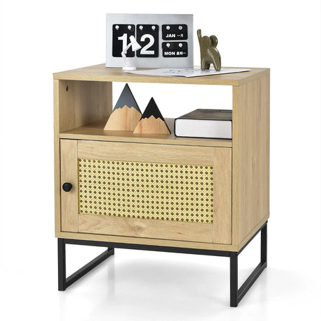 Wooden Side End Table with Cabinet and Rattan Decorated Door-Natural