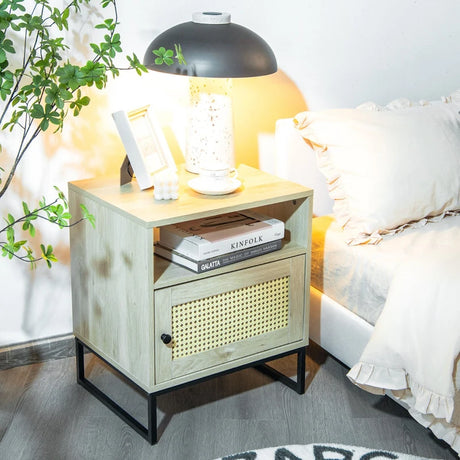 Wooden Side End Table with Cabinet and Rattan Decorated Door-Natural