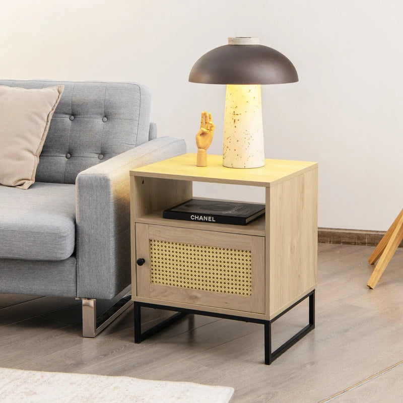 Wooden Side End Table with Cabinet and Rattan Decorated Door-Natural