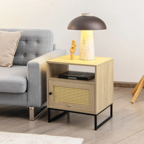 Wooden Side End Table with Cabinet and Rattan Decorated Door-Natural