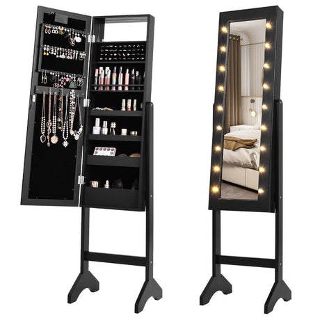 Mirrored Jewelry Cabinet Armoire Organizer w/ LED lights-Black