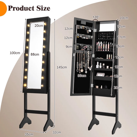 Mirrored Jewelry Cabinet Armoire Organizer w/ LED lights-Black