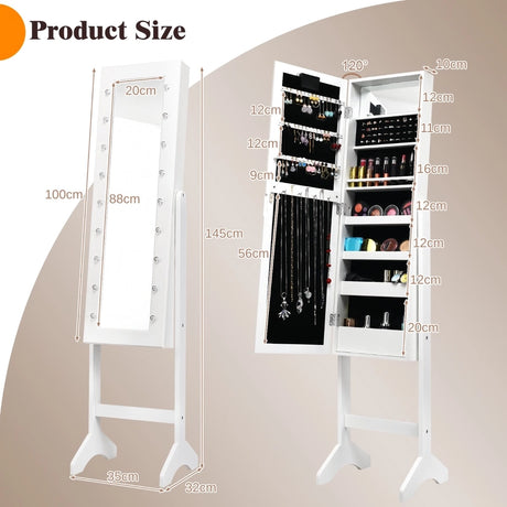 Standing Jewelry Armoire with 18 LED Lights & Mirror