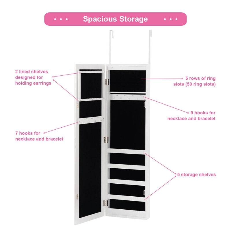 LED Lights Wall Door Mounted Jewelry Cabinet with Full Length Mirror