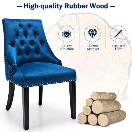 Modern Button-Tufted Velvet Studded Dining Chair with Nail head Trim-Blue