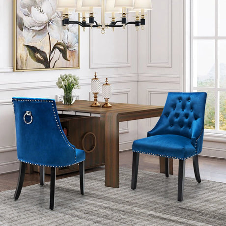 Modern Button-Tufted Velvet Studded Dining Chair with Nail head Trim-Blue